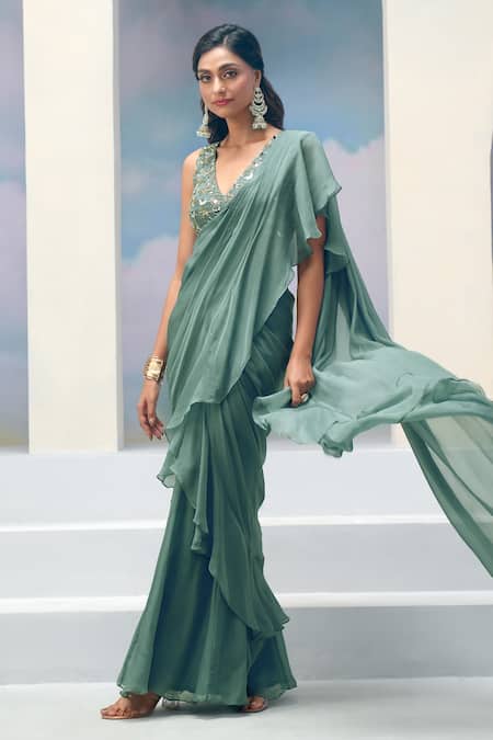 Silky Bindra X AZA_Blue Organza, Silk, Chiffon Stella Pre-draped Ruffle Saree With Blouse _at_Aza_Fashions