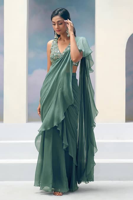 Buy_Silky Bindra X AZA_Blue Organza, Silk, Chiffon Stella Pre-draped Ruffle Saree With Blouse 