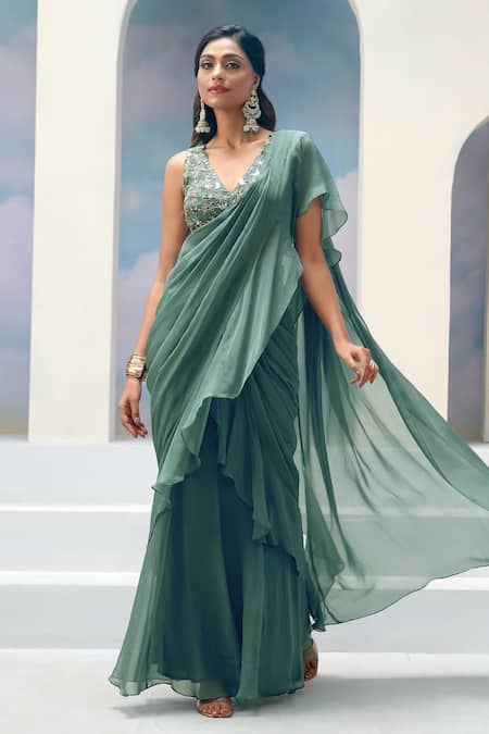 Shop_Silky Bindra X AZA_Blue Organza, Silk, Chiffon Stella Pre-draped Ruffle Saree With Blouse 