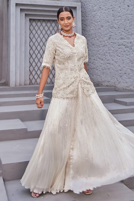 Nidhika Shekhar_Ivory Organza, Crepe, Chamane-e-bahaar Floral Embroidered Kurta Sharara Set _Online_at_Aza_Fashions