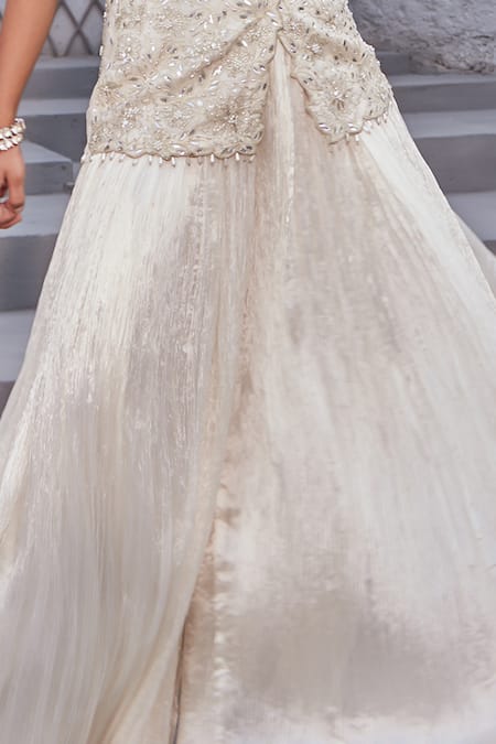 Buy_Nidhika Shekhar_Ivory Organza, Crepe, Chamane-e-bahaar Floral Embroidered Kurta Sharara Set _Online_at_Aza_Fashions