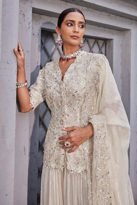 Shop_Nidhika Shekhar_Ivory Organza, Crepe, Chamane-e-bahaar Floral Embroidered Kurta Sharara Set _Online_at_Aza_Fashions
