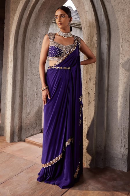 NIDHIKA SHEKHAR_Purple Silk, Crepe, Linen Sequins Ullas Embroidered Border Pre-draped Saree Set _Online_at_Aza_Fashions