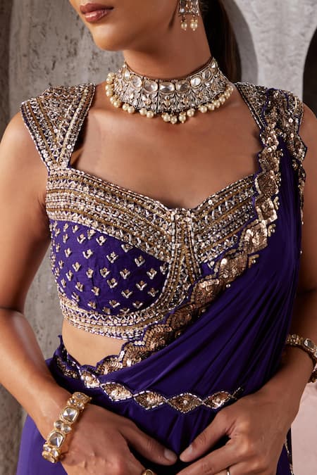 Buy_NIDHIKA SHEKHAR_Purple Silk, Crepe, Linen Sequins Ullas Embroidered Border Pre-draped Saree Set _Online_at_Aza_Fashions