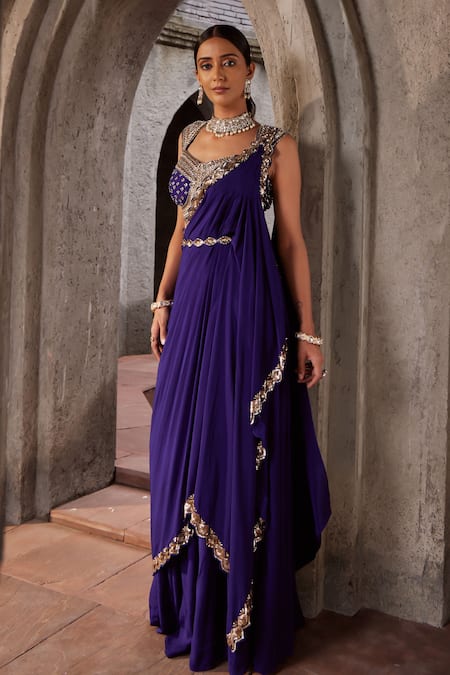 Shop_NIDHIKA SHEKHAR_Purple Silk, Crepe, Linen Sequins Ullas Embroidered Border Pre-draped Saree Set _Online_at_Aza_Fashions