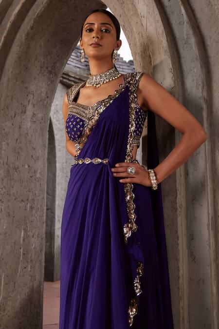 NIDHIKA SHEKHAR_Purple Silk, Crepe, Linen Sequins Ullas Embroidered Border Pre-draped Saree Set _at_Aza_Fashions