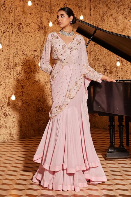 Nidhika Shekhar_Pink Georgette Jashan-e-bahaar Embroidered Mermaid Pre-draped Saree With Blouse _Online_at_Aza_Fashions