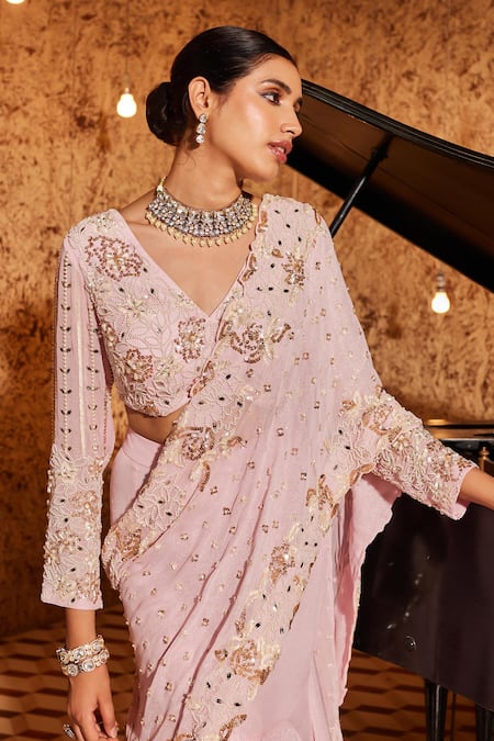 Buy_Nidhika Shekhar_Pink Georgette Jashan-e-bahaar Embroidered Mermaid Pre-draped Saree With Blouse _Online_at_Aza_Fashions