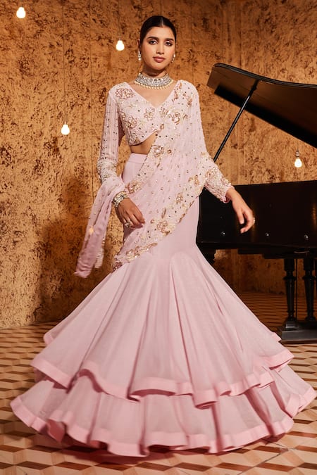 Shop_Nidhika Shekhar_Pink Georgette Jashan-e-bahaar Embroidered Mermaid Pre-draped Saree With Blouse _Online_at_Aza_Fashions