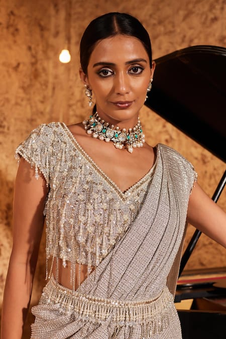 Shop Nidhika Shekhar Silver Lycra, Silk Sequins, Pearls V-neck Textured Pre-draped Saree Set Online at Aza Fashions Shop_Nidhika Shekhar_Silver Lycra, Silk Sequins, Pearls V-neck Textured Pre-draped Saree Set _Online_at_Aza_Fashions