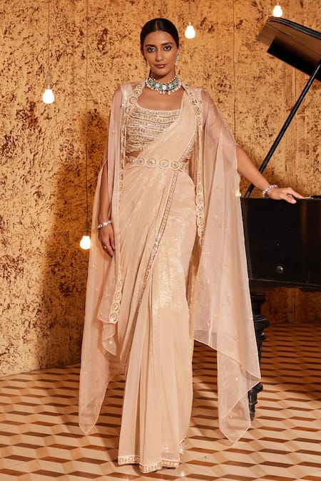 Nidhika Shekhar Pink Organza Embroidered Sequin Subh Shree Utsav Textured Pre-draped Saree Set 