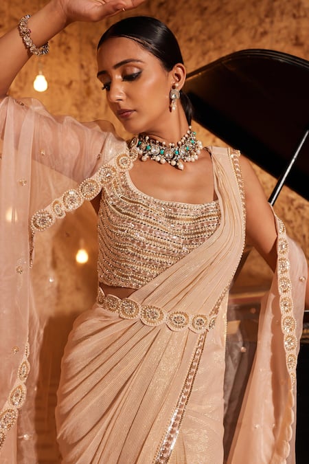 NIDHIKA SHEKHAR Pink Silk, Organza, Subh Shree Utsav Textured Pre-draped Saree Cape Set Online at Aza Fashions NIDHIKA SHEKHAR_Pink Silk, Organza, Subh Shree Utsav Textured Pre-draped Saree Cape Set _Online_at_Aza_Fashions