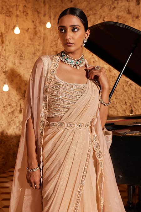 Buy NIDHIKA SHEKHAR Pink Silk, Organza, Subh Shree Utsav Textured Pre-draped Saree Cape Set Online at Aza Fashions Buy_NIDHIKA SHEKHAR_Pink Silk, Organza, Subh Shree Utsav Textured Pre-draped Saree Cape Set _Online_at_Aza_Fashions