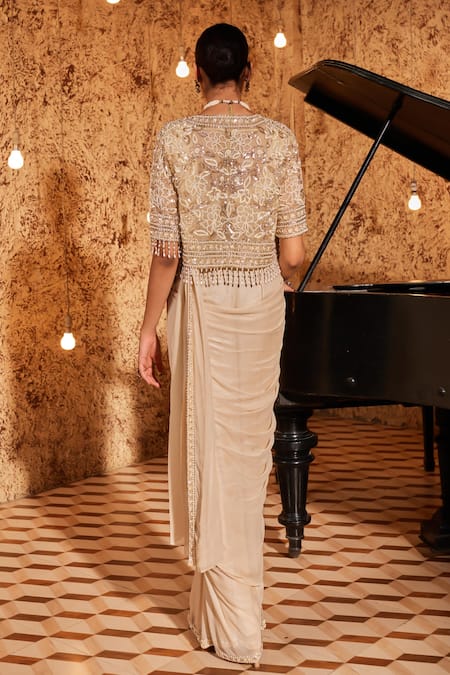 Shop_Nidhika Shekhar_Gold Silk, Organza, Suvarn Jashan-e Floral Embroidered Cape Pre-draped Saree Set _at_Aza_Fashions