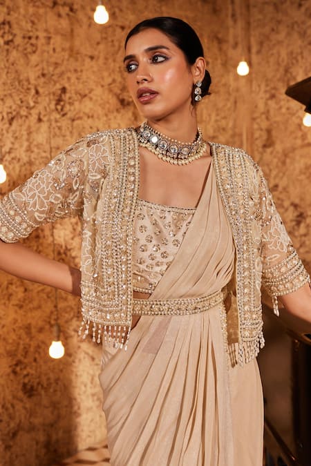 Buy_Nidhika Shekhar_Gold Silk, Organza, Suvarn Jashan-e Floral Embroidered Cape Pre-draped Saree Set _Online_at_Aza_Fashions