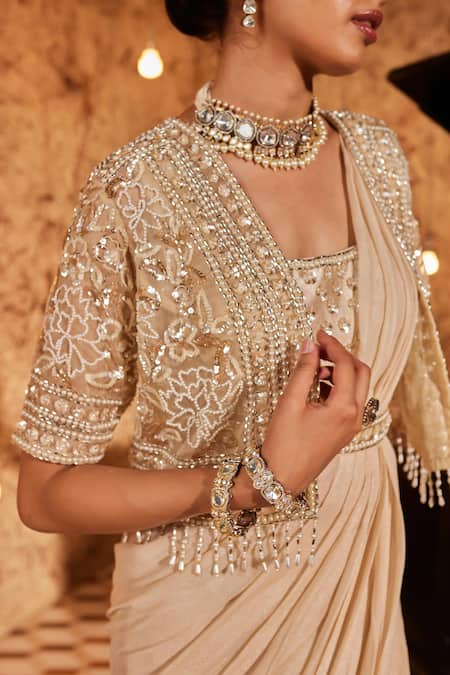 Shop_Nidhika Shekhar_Gold Silk, Organza, Suvarn Jashan-e Floral Embroidered Cape Pre-draped Saree Set _Online_at_Aza_Fashions