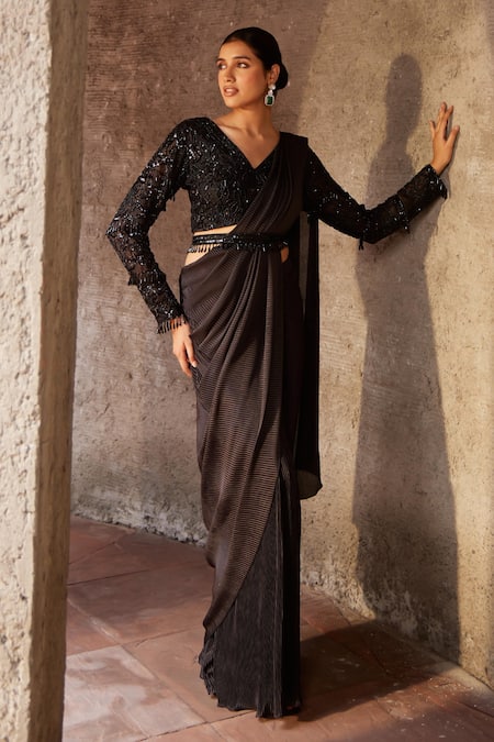 Nidhika Shekhar Black Pleated Embroidered Jilmil Sitaare Textured Pre-draped Saree With Blouse 