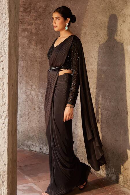 NIDHIKA SHEKHAR_Black Silk, Jilmil Sitaare Textured Pre-draped Saree With Embroidered Blouse _Online_at_Aza_Fashions