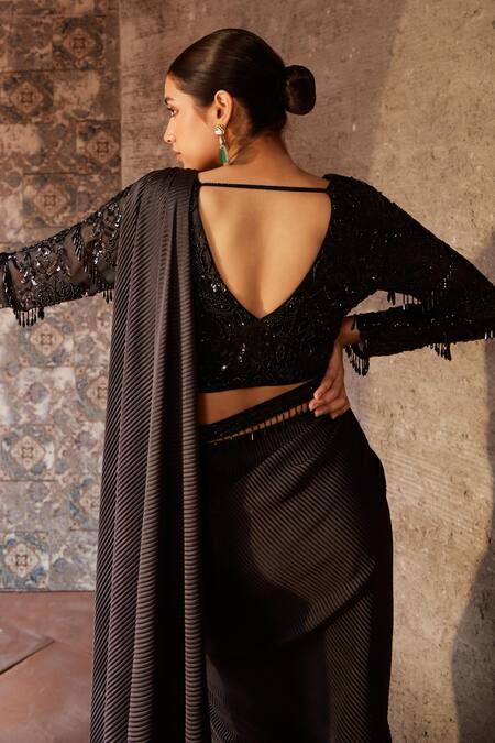 NIDHIKA SHEKHAR_Black Silk, Jilmil Sitaare Textured Pre-draped Saree With Embroidered Blouse _at_Aza_Fashions