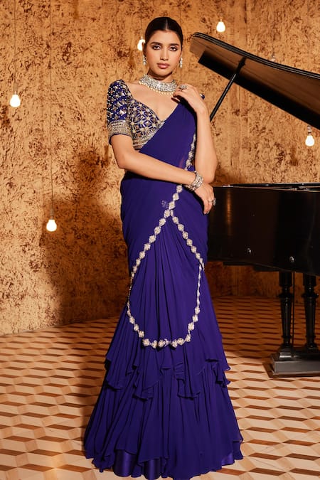 NIDHIKA SHEKHAR Purple Silk, Barkha Draped Tiered Mermaid Saree With Blouse Online at Aza Fashions NIDHIKA SHEKHAR_Purple Silk, Barkha Draped Tiered Mermaid Saree With Blouse _Online_at_Aza_Fashions