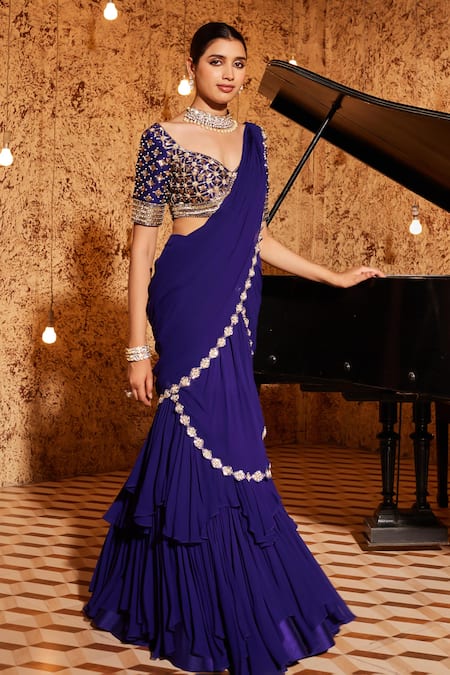 Buy NIDHIKA SHEKHAR Purple Silk, Barkha Draped Tiered Mermaid Saree With Blouse Online at Aza Fashions Buy_NIDHIKA SHEKHAR_Purple Silk, Barkha Draped Tiered Mermaid Saree With Blouse _Online_at_Aza_Fashions