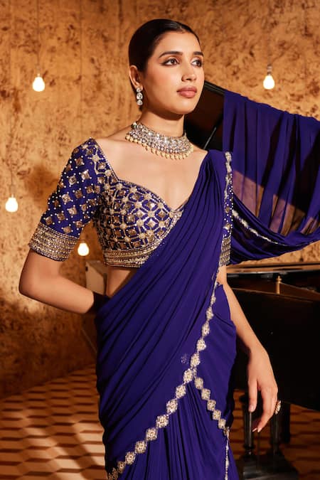 Shop NIDHIKA SHEKHAR Purple Silk, Barkha Draped Tiered Mermaid Saree With Blouse Online at Aza Fashions Shop_NIDHIKA SHEKHAR_Purple Silk, Barkha Draped Tiered Mermaid Saree With Blouse _Online_at_Aza_Fashions