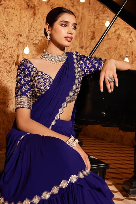 NIDHIKA SHEKHAR Purple Silk, Barkha Draped Tiered Mermaid Saree With Blouse at Aza Fashions NIDHIKA SHEKHAR_Purple Silk, Barkha Draped Tiered Mermaid Saree With Blouse _at_Aza_Fashions