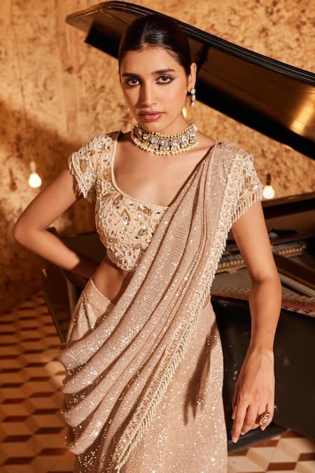Shop_NIDHIKA SHEKHAR_Pink Organza, Silk Jhilmil Jalsaa Embellished Pre-draped Saree With Blouse _Online_at_Aza_Fashions