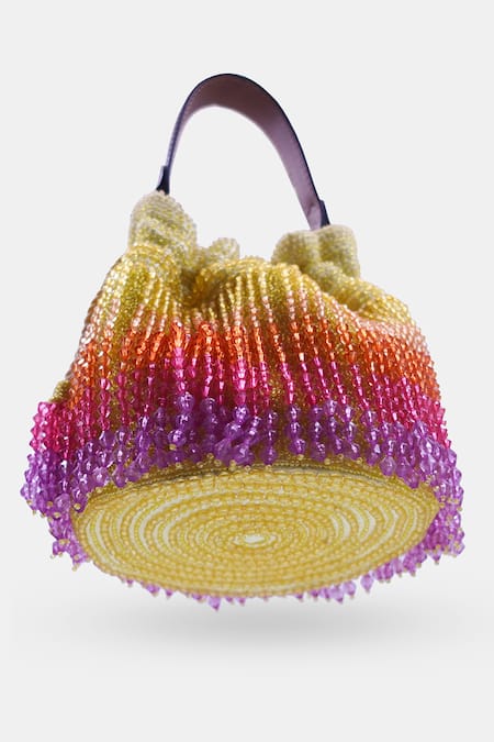 Versuhz_Yellow Crystals Fringe Ombre Potli Bag _Online_at_Aza_Fashions