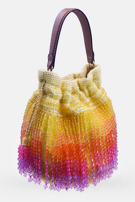 Shop_Versuhz_Yellow Crystals Fringe Ombre Potli Bag _Online_at_Aza_Fashions
