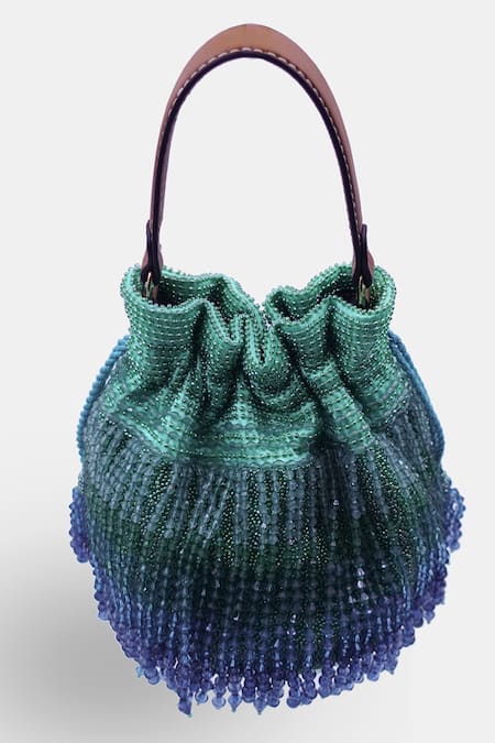 Buy_Versuhz_Green Crystals Jade Fringe Ombre Potli Bag _Online_at_Aza_Fashions