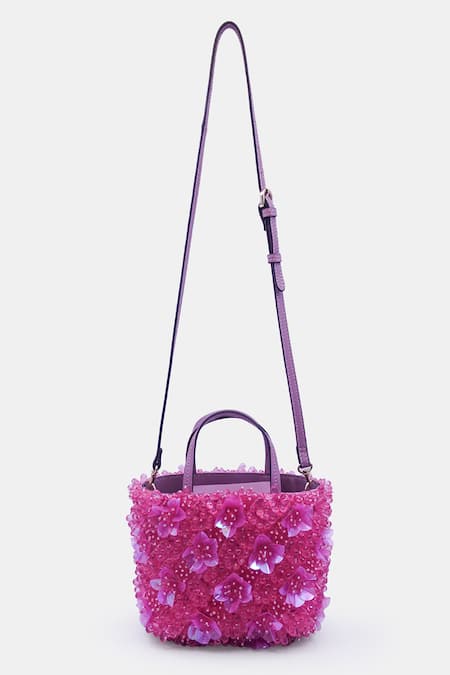 VERSUHZ Pink Crystals 3d Orchid Glass Embellished Mini Tote Bag 