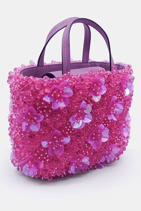Versuhz Pink Crystals 3d Orchid Glass Embellished Mini Tote Bag Online at Aza Fashions Versuhz_Pink Crystals 3d Orchid Glass Embellished Mini Tote Bag_Online_at_Aza_Fashions