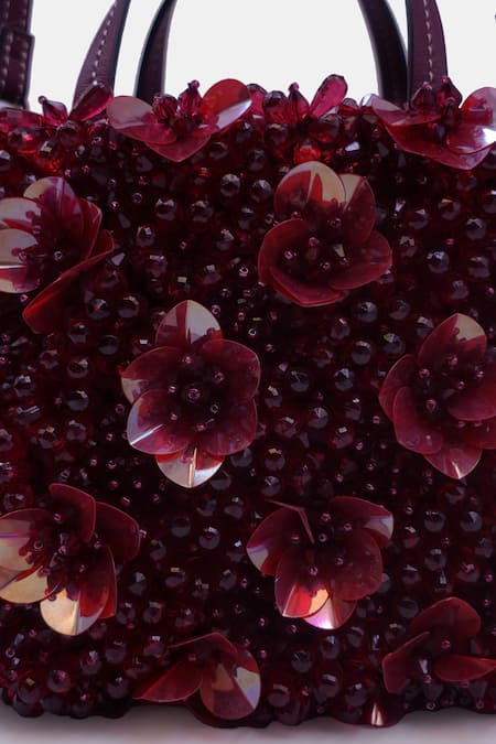 Versuhz_Maroon Crystals 3d Orchid Mini Tote Bag _Online_at_Aza_Fashions