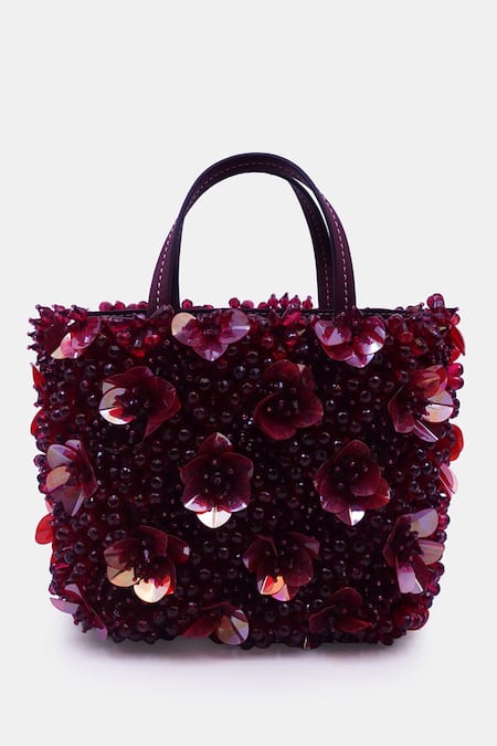 Buy_Versuhz_Maroon Crystals 3d Orchid Mini Tote Bag _Online_at_Aza_Fashions