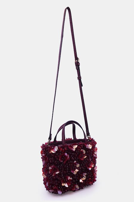 Shop_Versuhz_Maroon Crystals 3d Orchid Mini Tote Bag _Online_at_Aza_Fashions