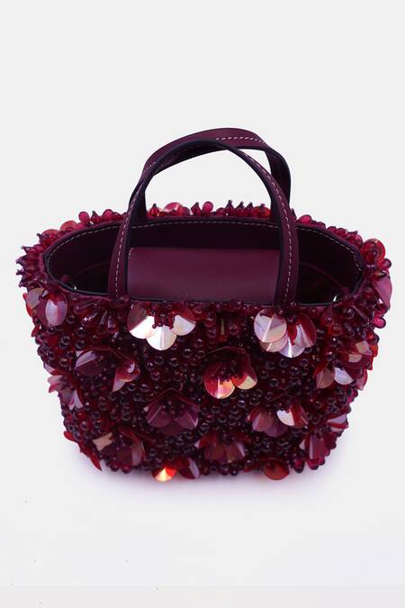 Versuhz_Maroon Crystals 3d Orchid Mini Tote Bag _at_Aza_Fashions
