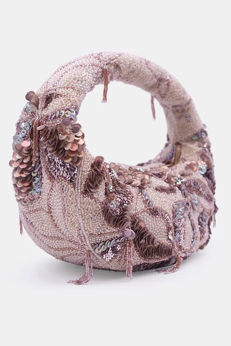 Versuhz_Beige Sequins Floret Embellished Baguette Bag_Online_at_Aza_Fashions