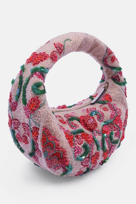 Shop_Versuhz_Beige Sequins Damask Fleur Embellished Baguette Bag_at_Aza_Fashions