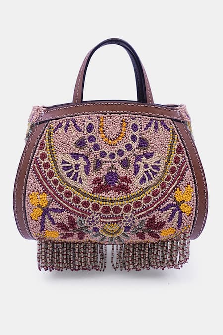 Versuhz_Beige Beads The Poppy Floral Mini Tote Bag _Online_at_Aza_Fashions