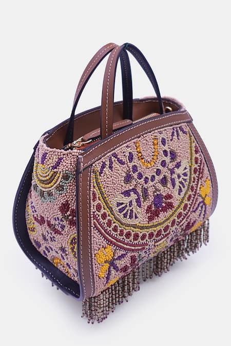 Shop_Versuhz_Beige Beads The Poppy Floral Mini Tote Bag _Online_at_Aza_Fashions