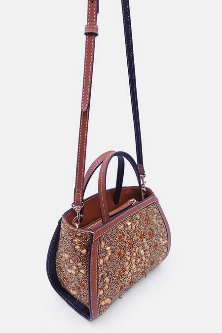 Buy_Versuhz_Gold Beads Crystal Petal Embellished Mini Tote Bag_Online_at_Aza_Fashions