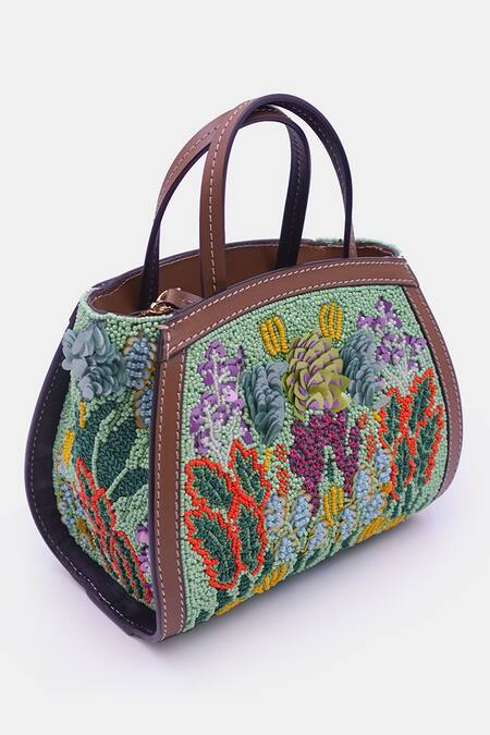 Buy_Versuhz_Green Sequin Gardenia Beaded Embellished Mini Tote Bag _Online_at_Aza_Fashions