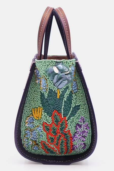 Shop_Versuhz_Green Sequin Gardenia Beaded Embellished Mini Tote Bag _Online_at_Aza_Fashions