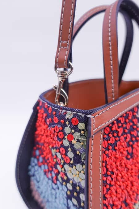 Versuhz_Blue Sequin Flora Embellished Mini Tote Bag _Online_at_Aza_Fashions
