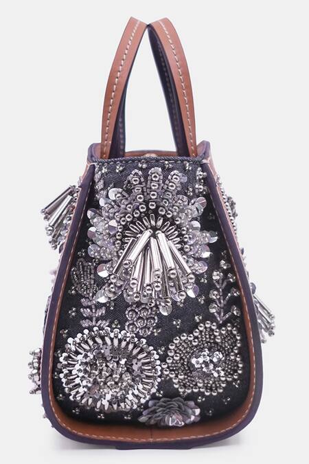 Shop Versuhz Blue Cutdana Celeste Bloom Embellished Mini Tote Bag Online at Aza Fashions Shop_Versuhz_Blue Cutdana Celeste Bloom Embellished Mini Tote Bag_Online_at_Aza_Fashions