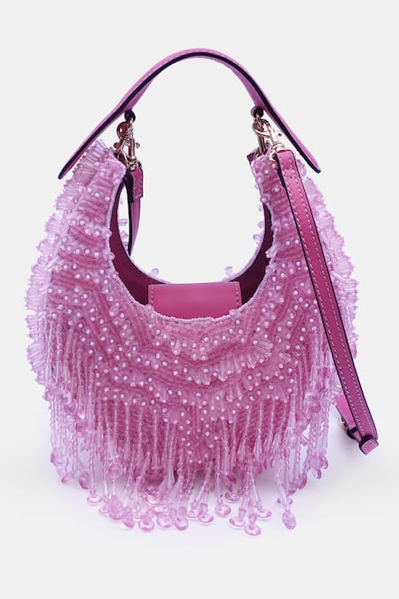 VERSUHZ Pink Crystals Half Moon Fringe Embellished Clutch Bag 