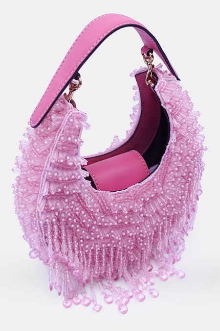 Versuhz_Pink Crystals Half Moon Fringe Embellished Clutch Bag_Online_at_Aza_Fashions