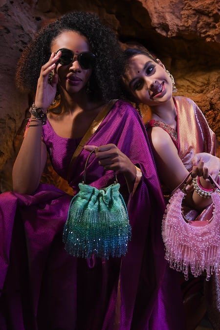 Buy_Versuhz_Pink Crystals Half Moon Fringe Embellished Clutch Bag_Online_at_Aza_Fashions