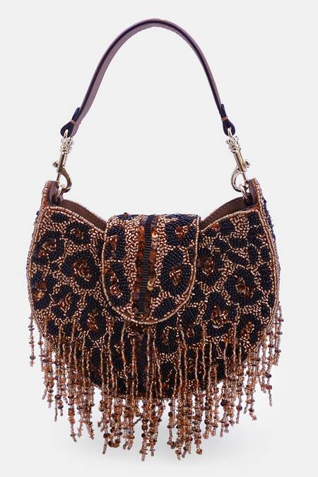 Shop Versuhz Brown 3d Bead Leopard Fringe Embellished Crossbody Sling Bag at Aza Fashions Shop_Versuhz_Brown 3d Bead Leopard Fringe Embellished Crossbody Sling Bag_at_Aza_Fashions